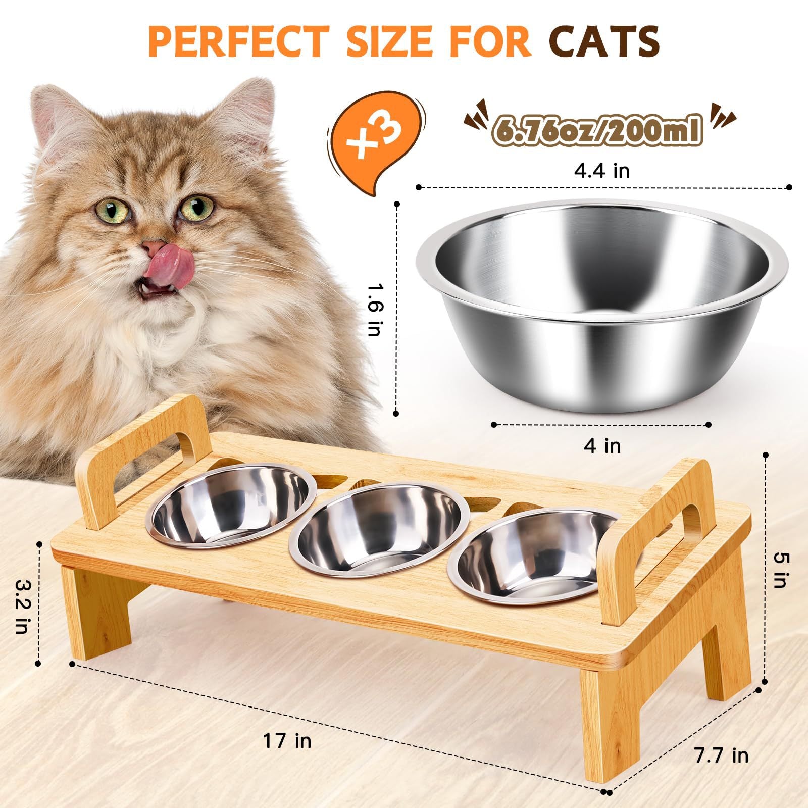 Bamboo elevated cat bowl rack with three bowls, main product photo