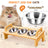 Bamboo elevated cat bowl rack with three bowls, main product photo