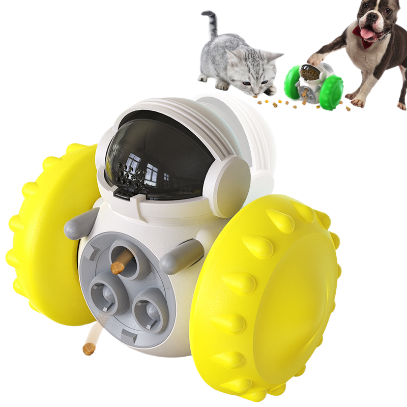 Interactive Cat Food Dispensing Toy with Wobbling Robot or Tumbler Design and Slow Release