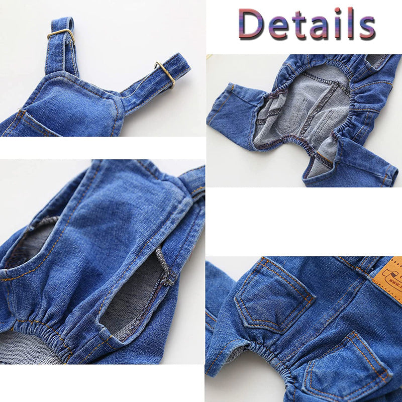 Washed denim dog jumpsuit with suspenders in Blue, in a home setting