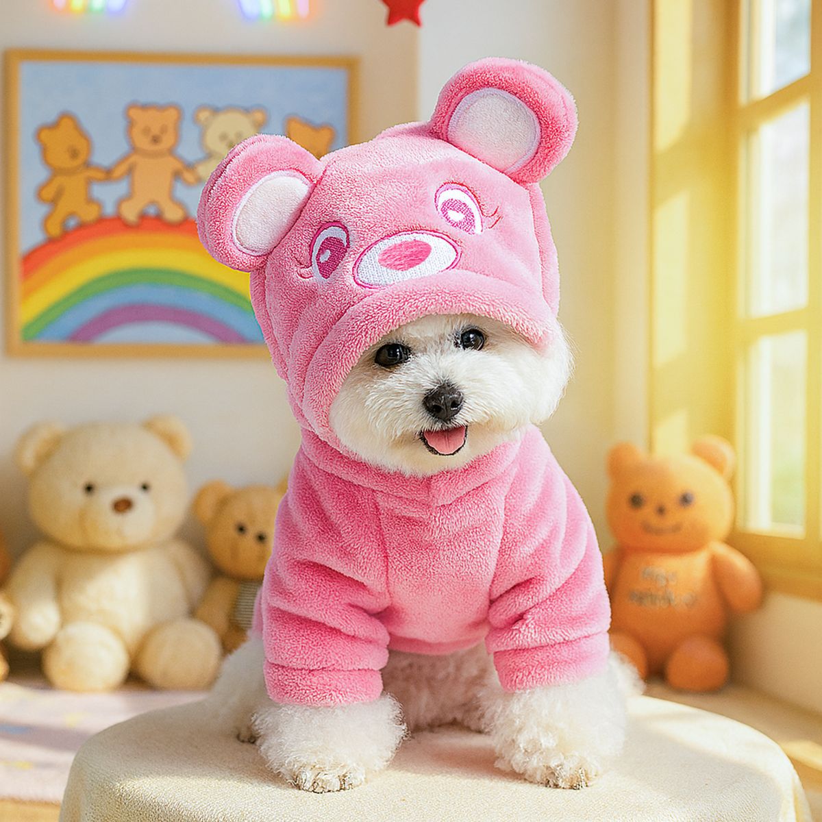 Fleece lined animal costume hoodie for dogs and cats, in a home setting