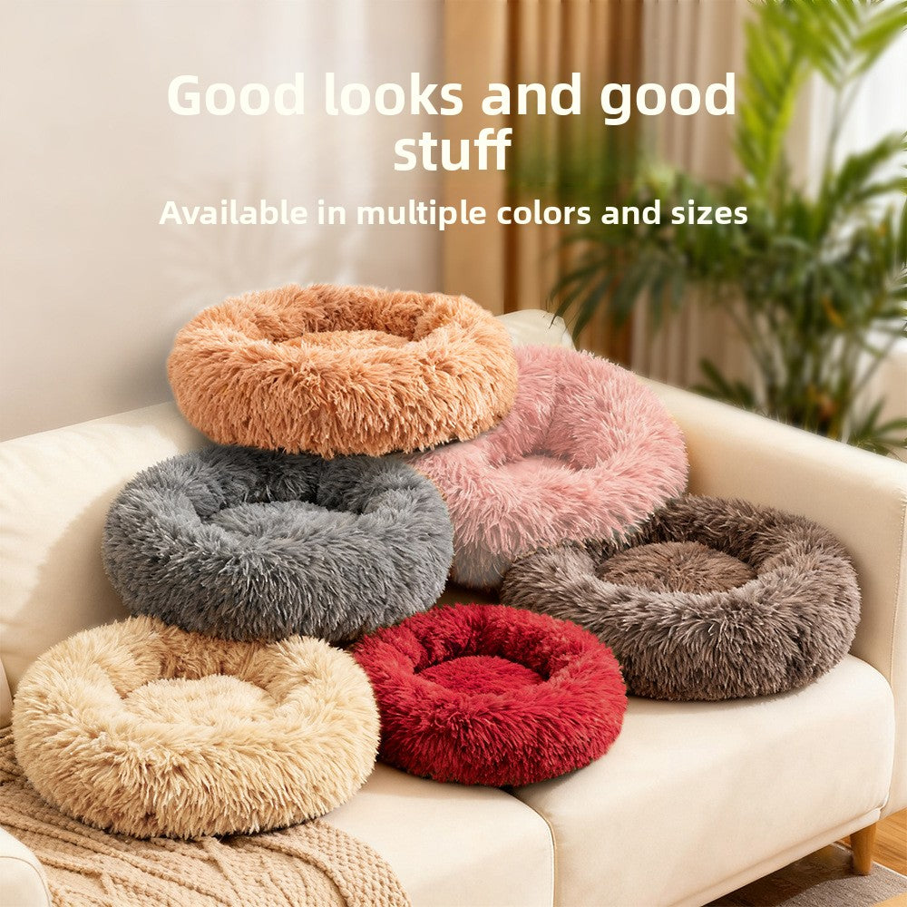 Non slip round long plush donut dog bed, view 1