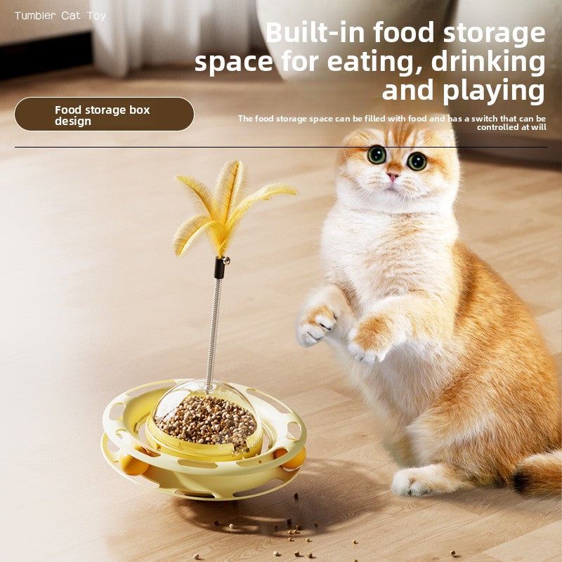 Self-Spinning Cat Turntable Toy with Feather Attachments and Weighted Tumbler Base