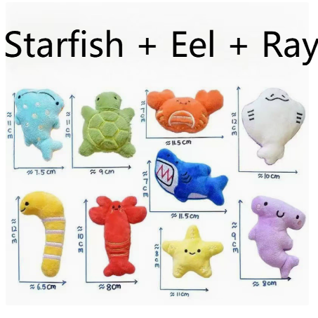 Trio of starfish eel and ray plush dog toys in bright colours - photo 5