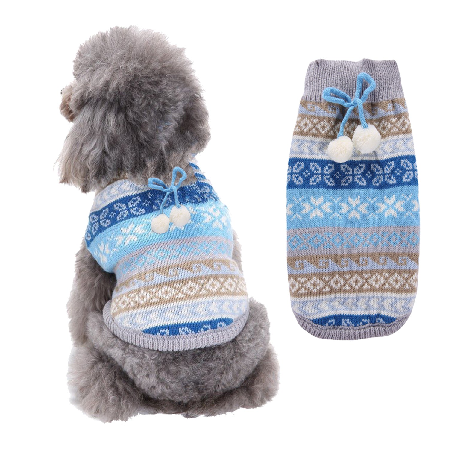 Christmas knitted dog jumper with festive pattern in Blue Christmas Snowman, close-up detail