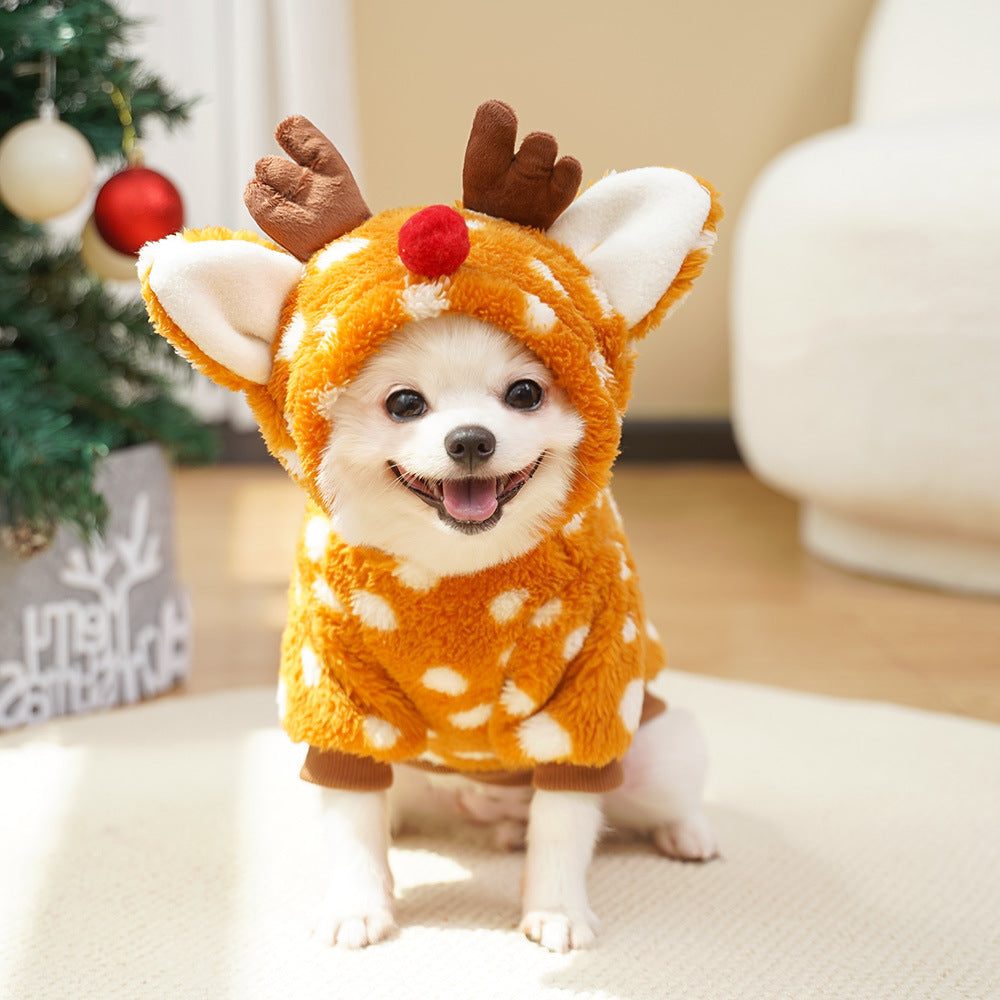 Fleece lined Christmas reindeer costume for pets in Spotted Reindeer, in use with a pet