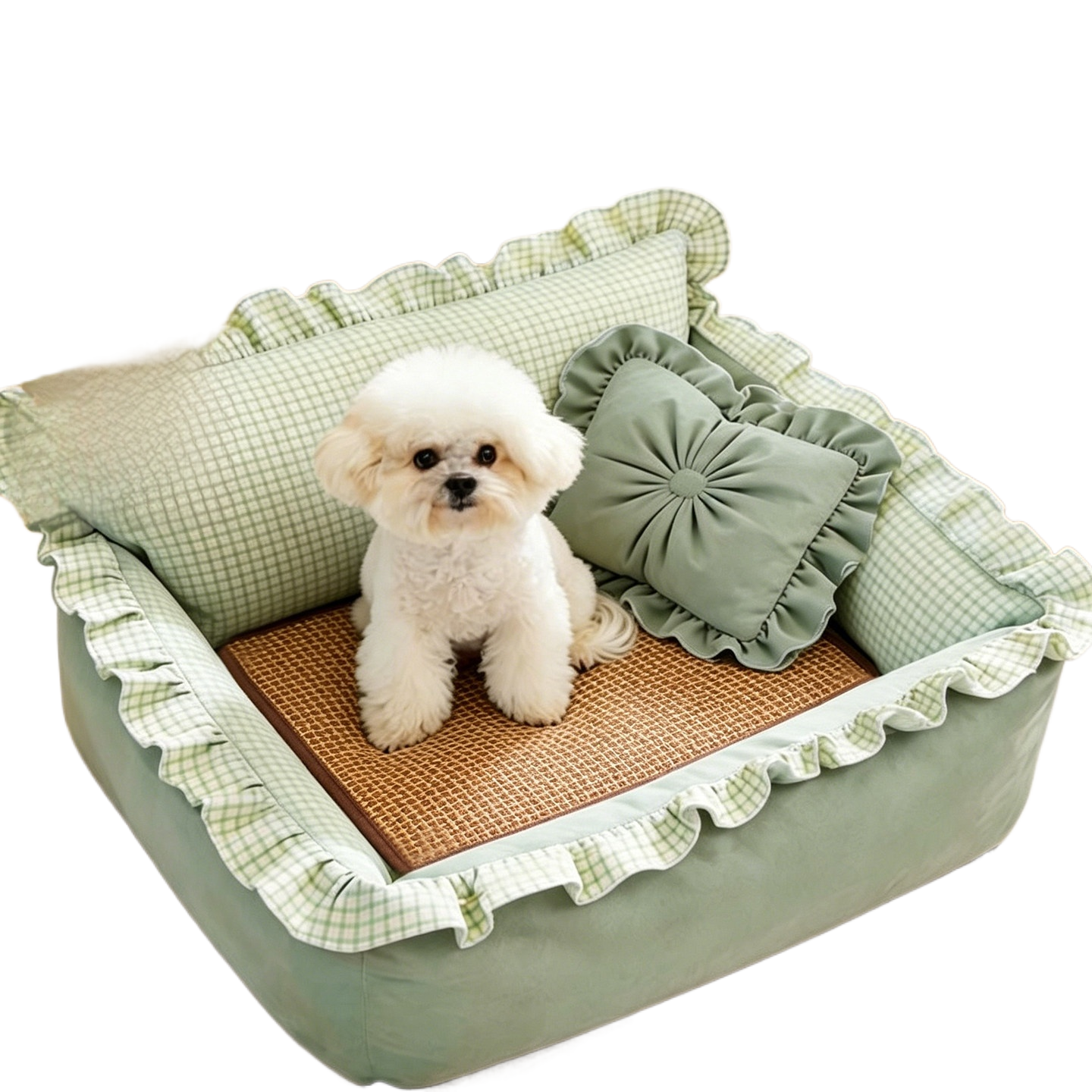 Square green washable dog bed with cooling bean mat, photo 25