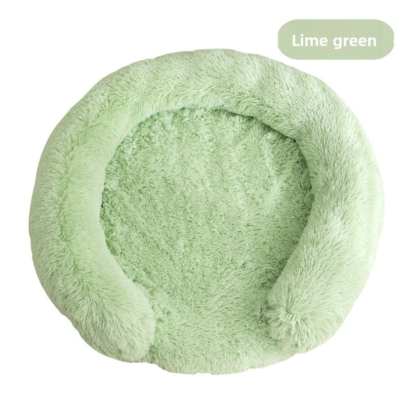 Plush round donut bed for cats and dogs in Gradient Rose Pink, alternative angle view