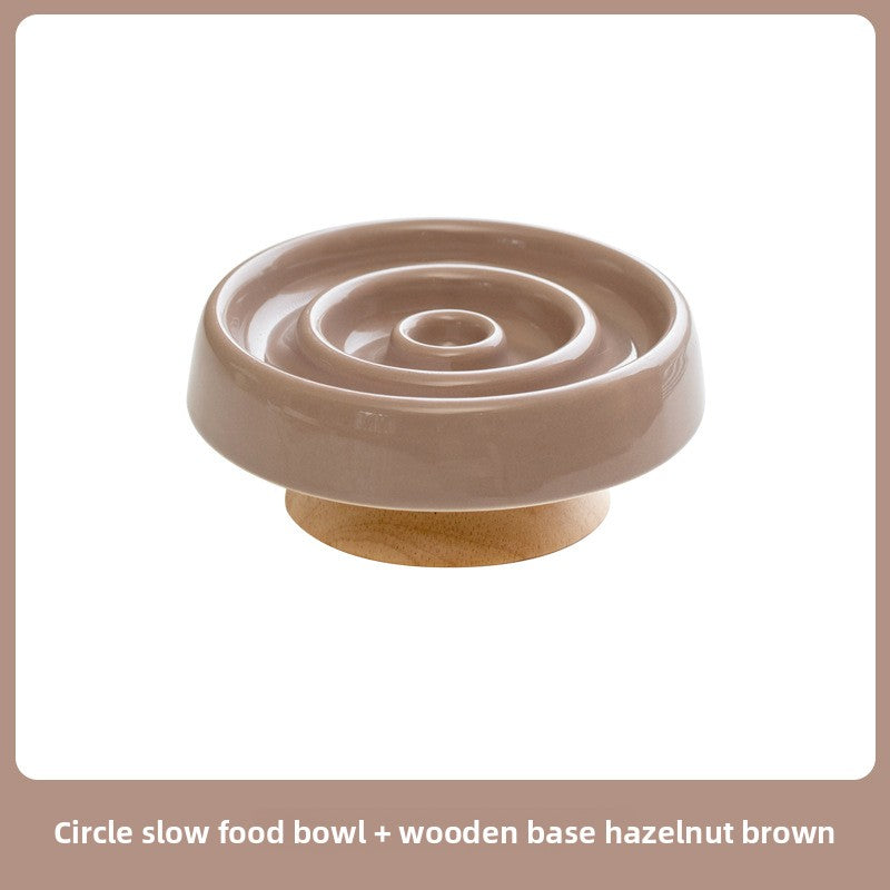 Round Ceramic Slow Feeder Bowl 15.5cm with Raised Pattern and Optional Wooden Base
