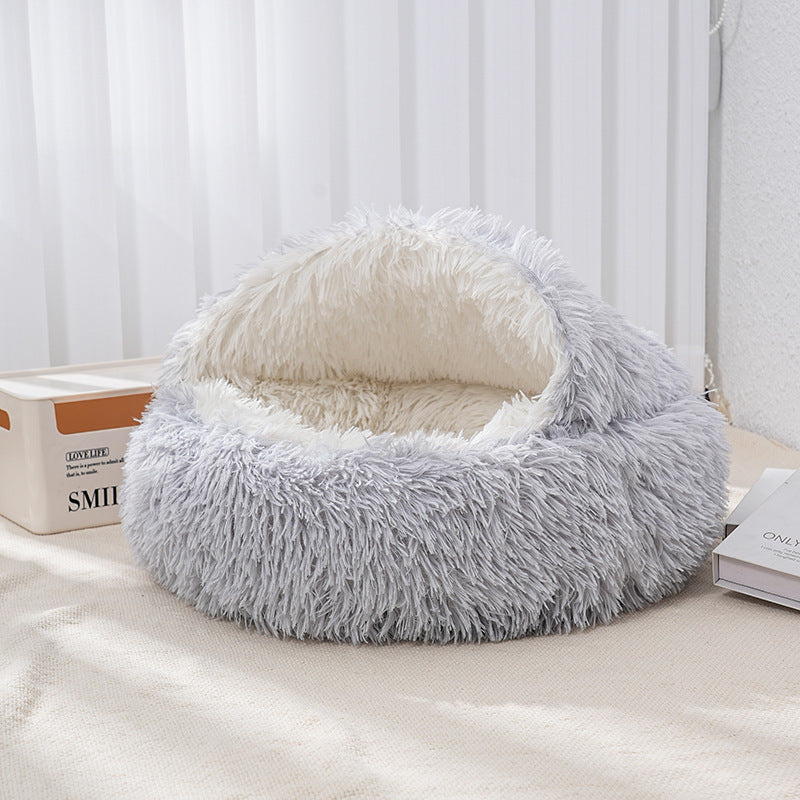 Semi-enclosed shell cat bed with plush lining in Grey, Fluffy Lining, size 50cm Diameter