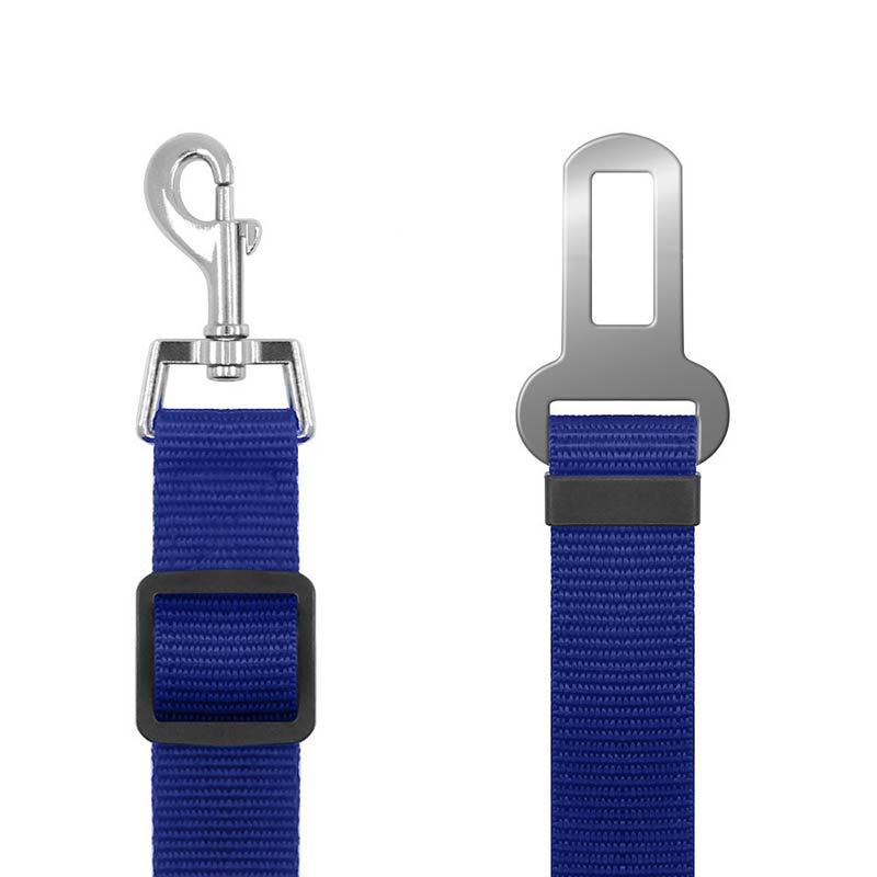 Adjustable nylon pet car seat belt lead with alloy clip in blue, view 2