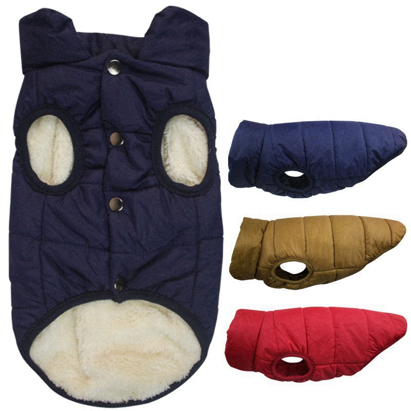 Cotton padded sleeveless dog gilets shown in eleven bright colours