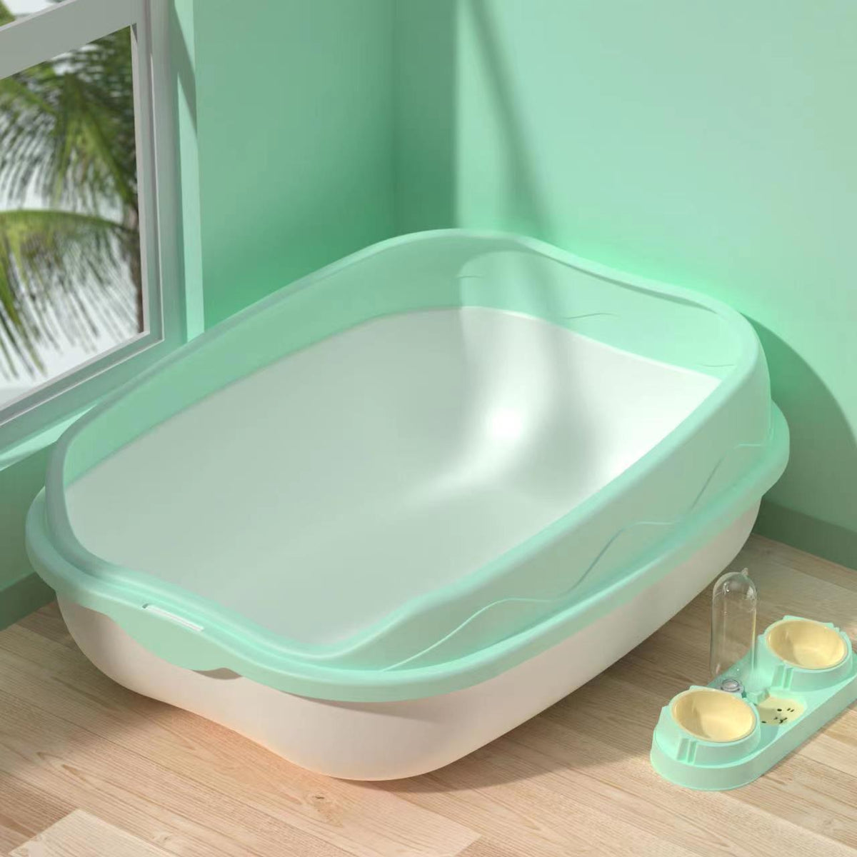 Semi-Enclosed Cat Litter Box with Scoop, Two-Tone Anti-Splash Tray