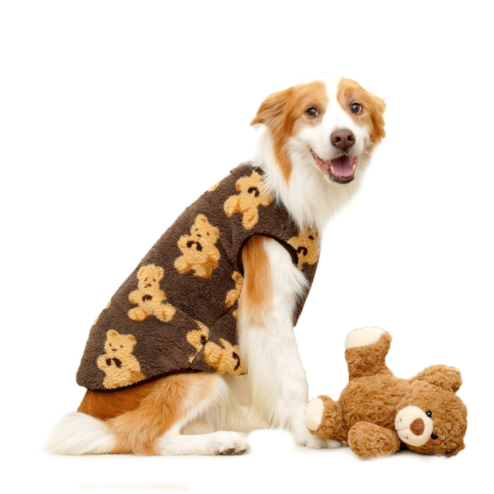 Cartoon bear pet sweatshirt for dogs and cats, showing size and shape