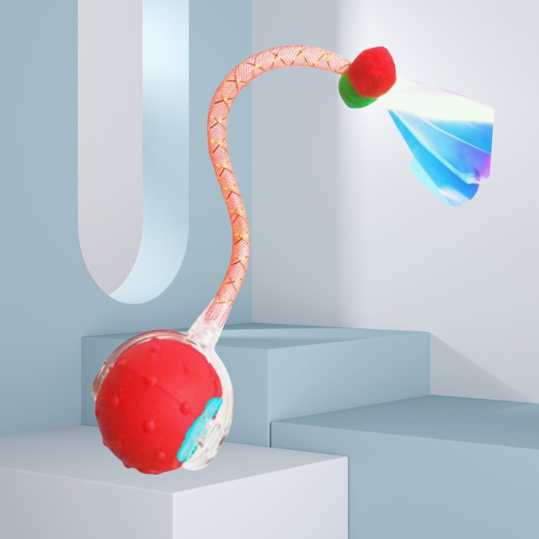 Red automatic rolling cat toy ball with dragonfly tail, photo 6