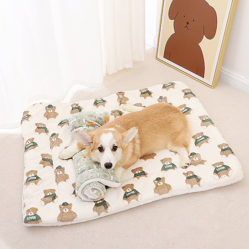 Thick padded pet mat cushion with print, shown in 12 colours and styles