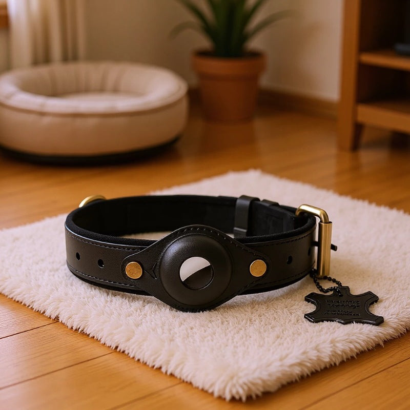 Brown cowhide leather dog collar with AirTag holder, tag not included, product image 2