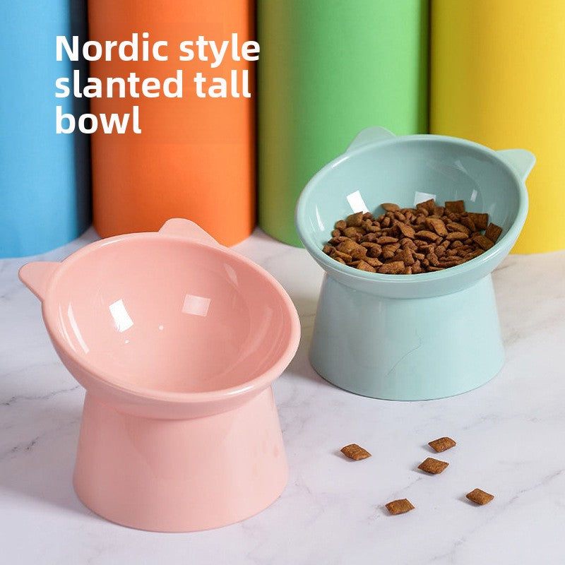 Blue raised double cat bowl with anti-tip base