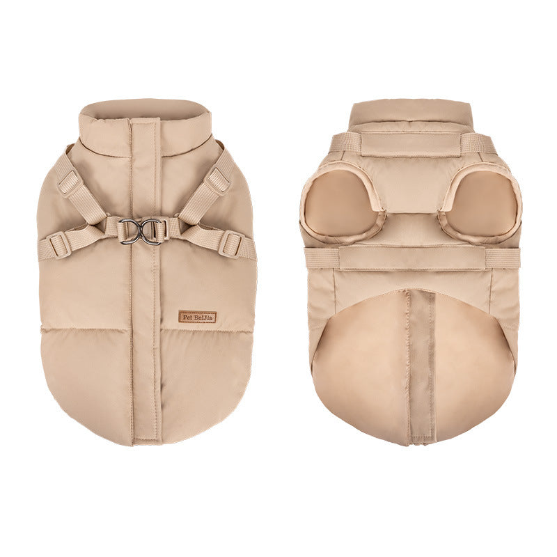 Water-resistant padded dog winter jacket in Khaki, close-up detail