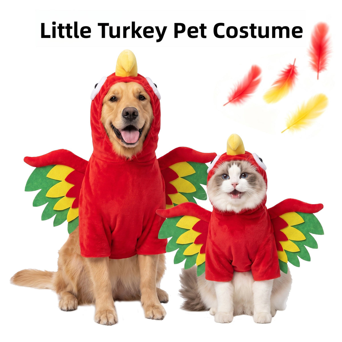 Cat wearing a hooded turkey costume with colourful wings