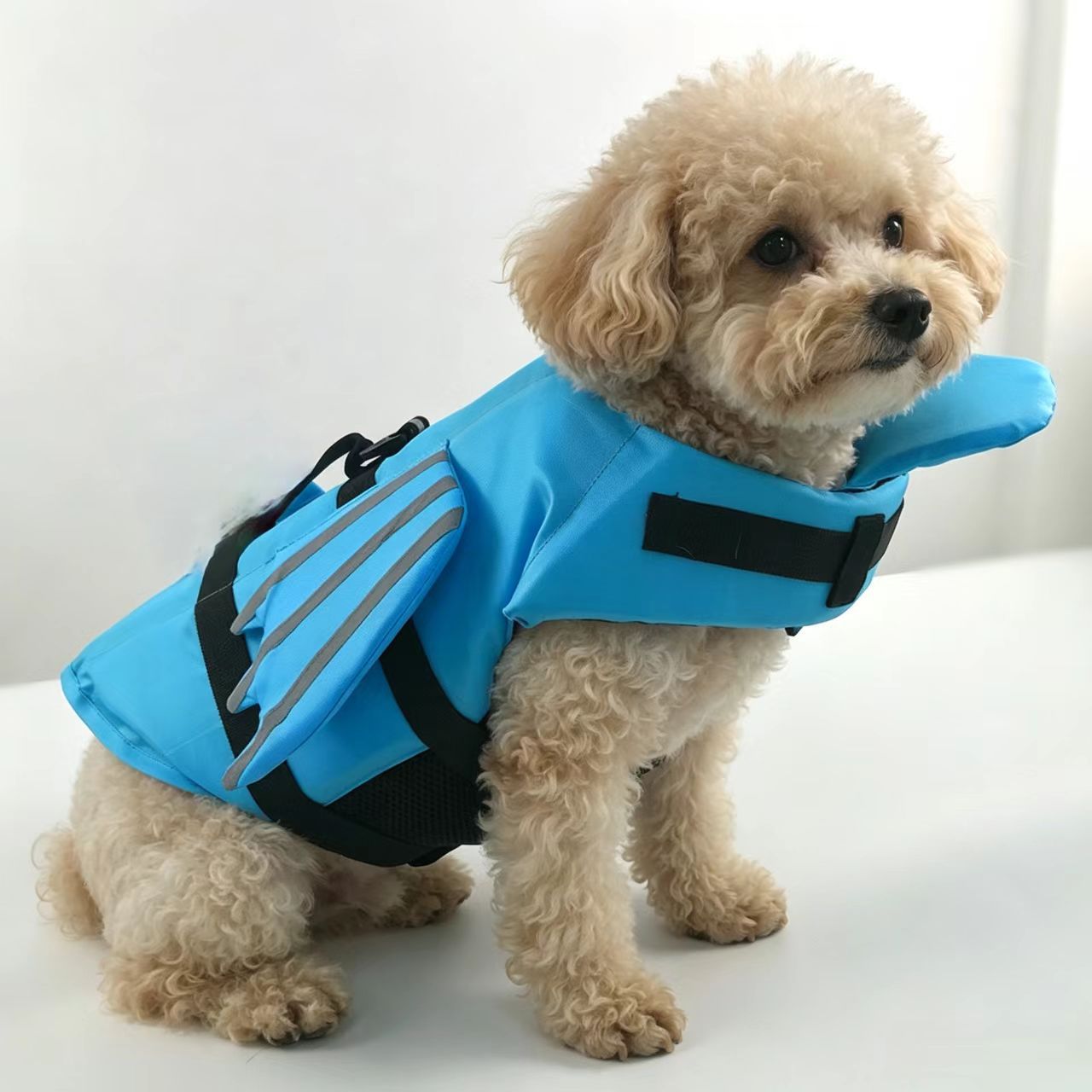Dog swim vest with reflective angel wings in Blue, front view