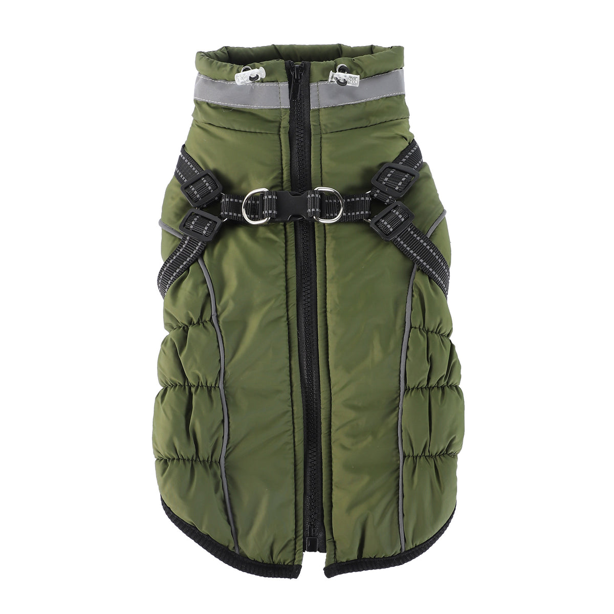 Fleece lined waterproof dog coat with reflective straps in Lake Blue, in a home setting