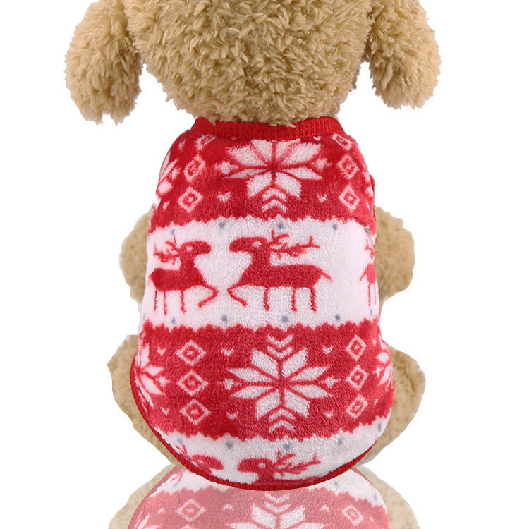 Coral velvet Christmas dog jumper with reindeer print in Red Deer, side view