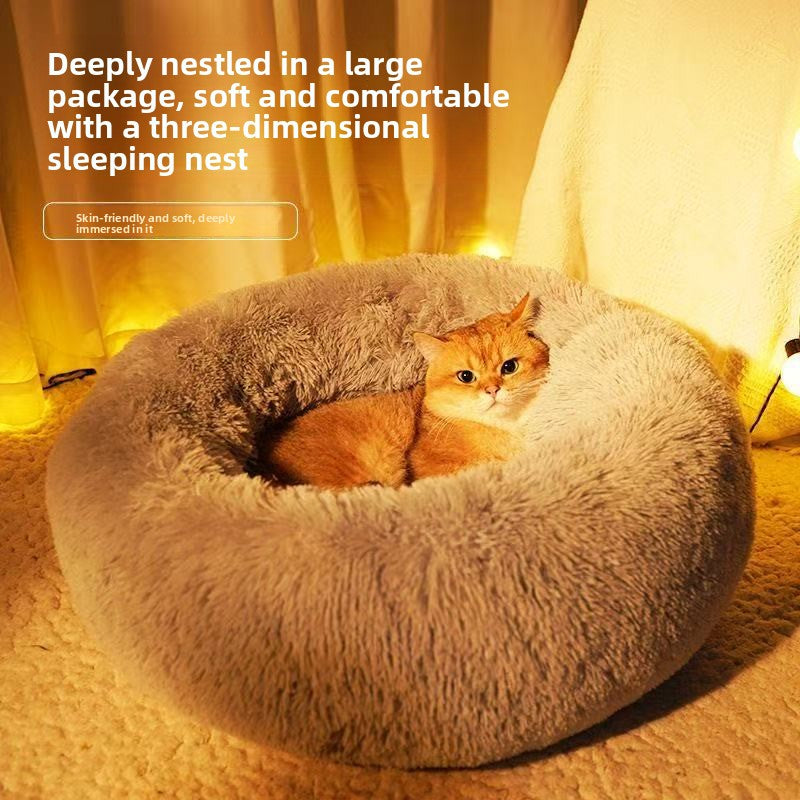 Avocado green round plush pet bed with thick padding, view 3