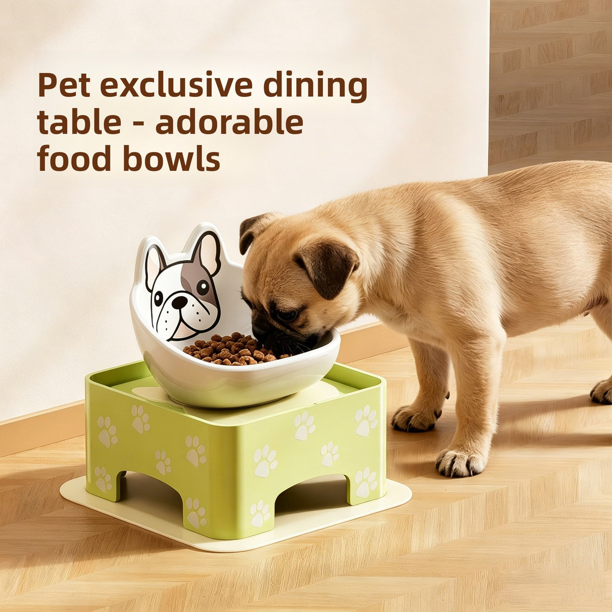 Adjustable Height and Tilt Ceramic Pet Bowl with Anti-Spill Rim and Paw Print Design