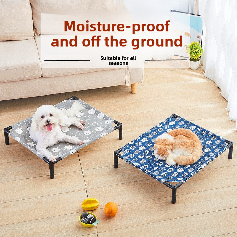 Elevated dog bed with removable cover in grey rabbit print