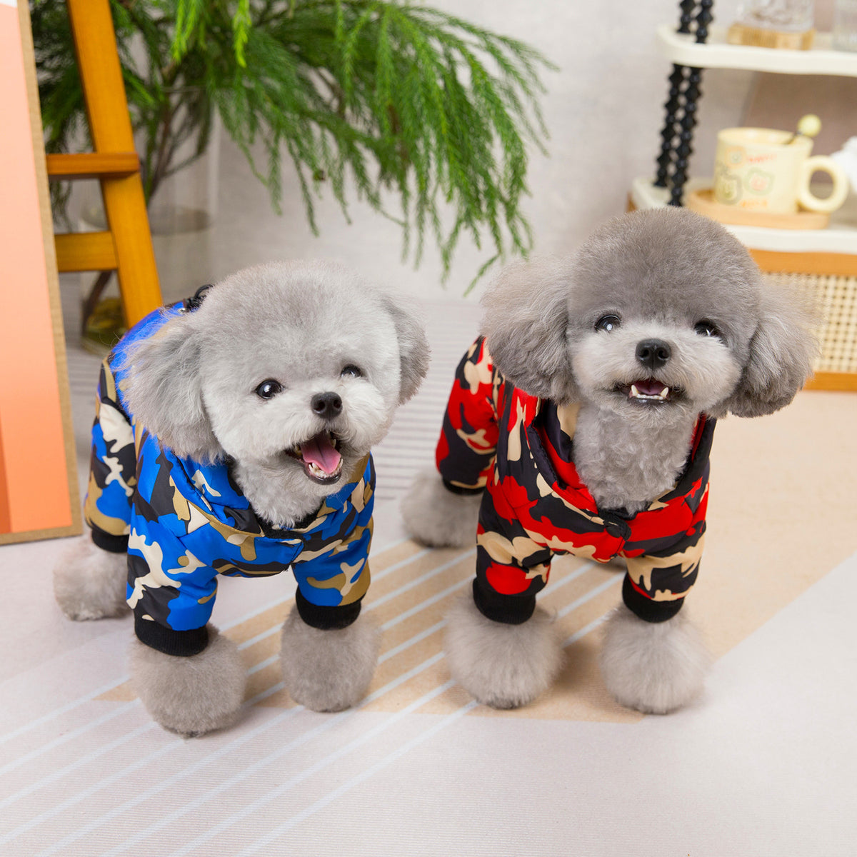 Reflective camo four leg dog coats in red and blue