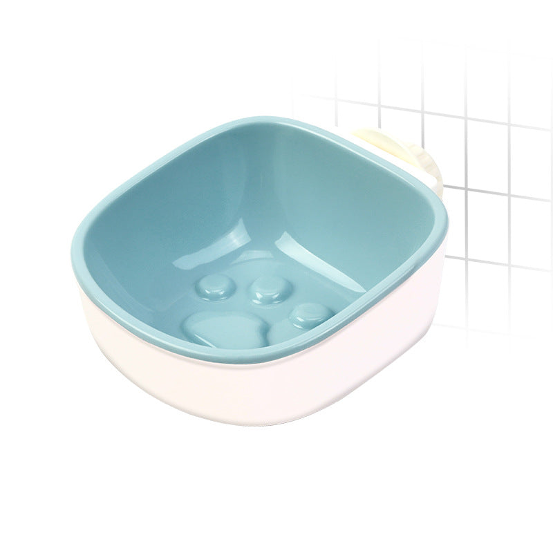 Blue hanging slow feeder pet bowl clipped to a crate, photo 15