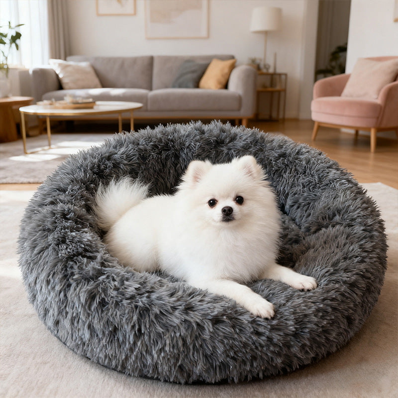 Plush round pet nest bed, shown in 6 colours and styles