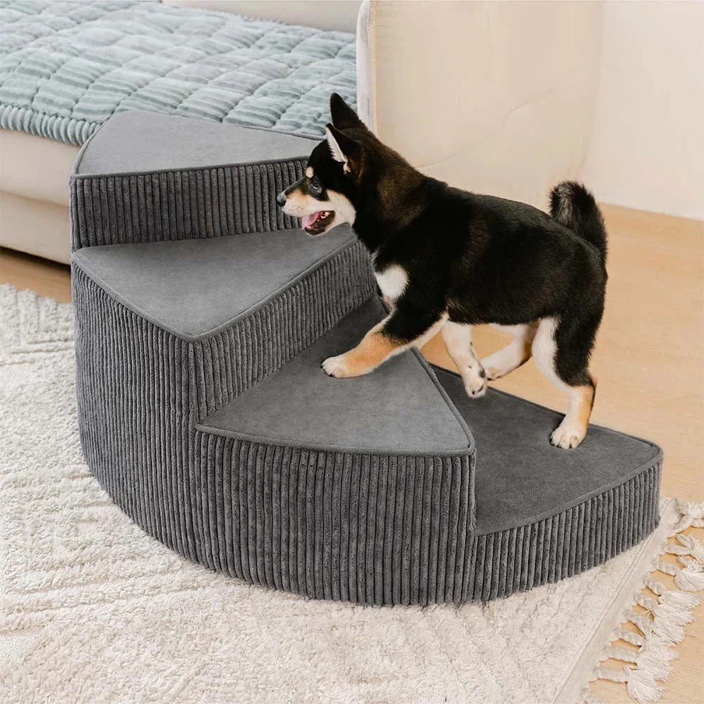 Curved sponge pet stairs with washable cover in Dark Grey, Left Facing