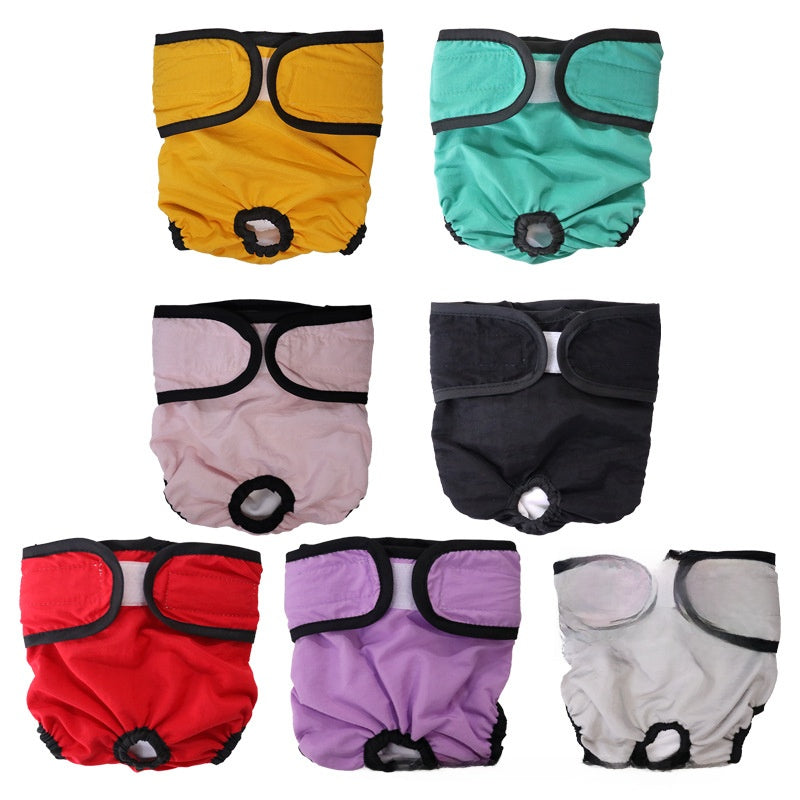 Reusable dog hygiene pants with hook and loop fastening, showing size and shape