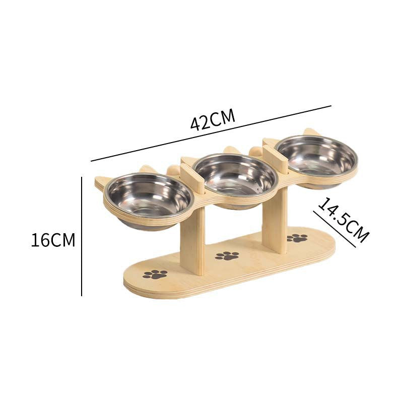 Wooden raised dog feeder with three bowls, product detail photo