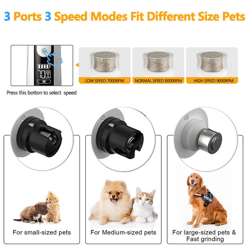 Three-Speed Pet Nail Grinder with Spare Heads and Dual LED