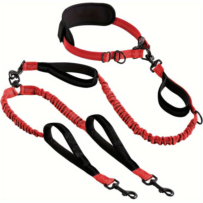 Hands-free double dog lead with bungee buffer in 10 colour options