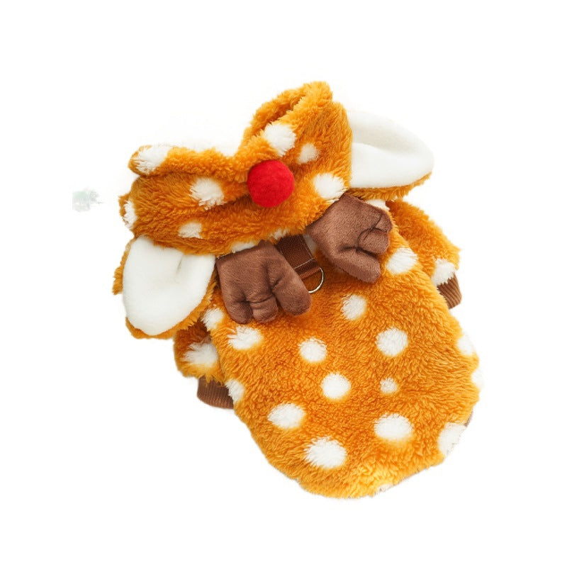 Fleece lined Christmas reindeer costume for pets in Spotted Reindeer, showing size and shape