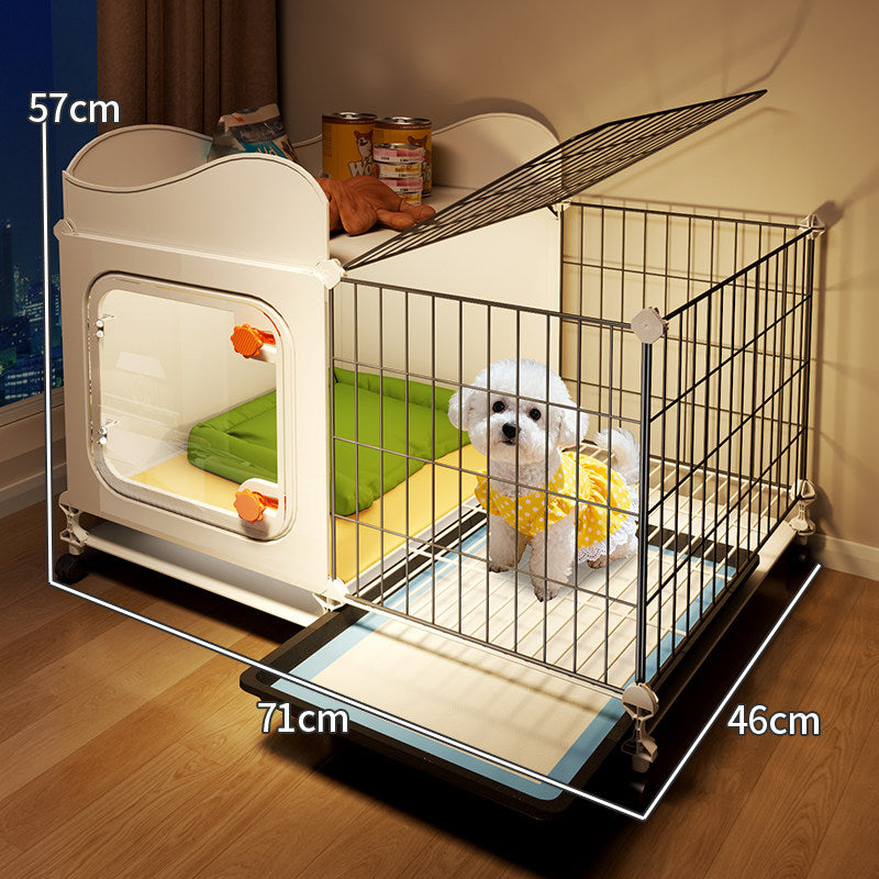 Indoor dog cage with tray, further angle view