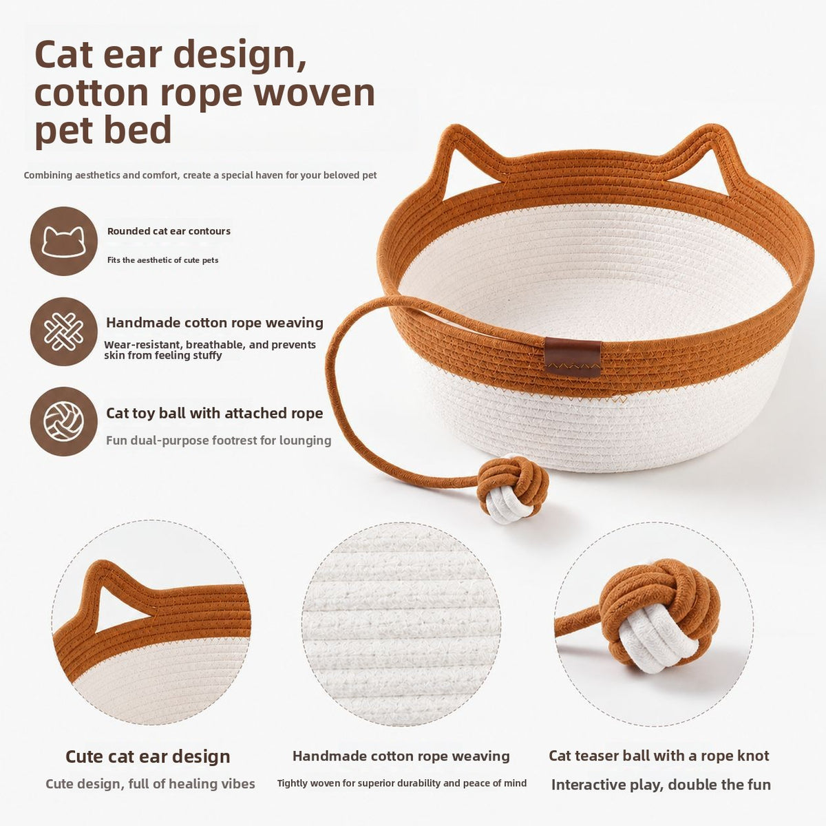 Woven rattan cat bed with cat ears and toy ball, view 3