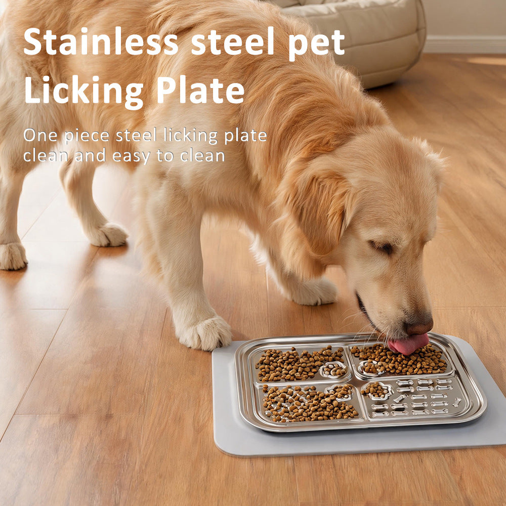304 Stainless Steel Pet Licking Dish with Silicone Mat and Spatula for Wet Food