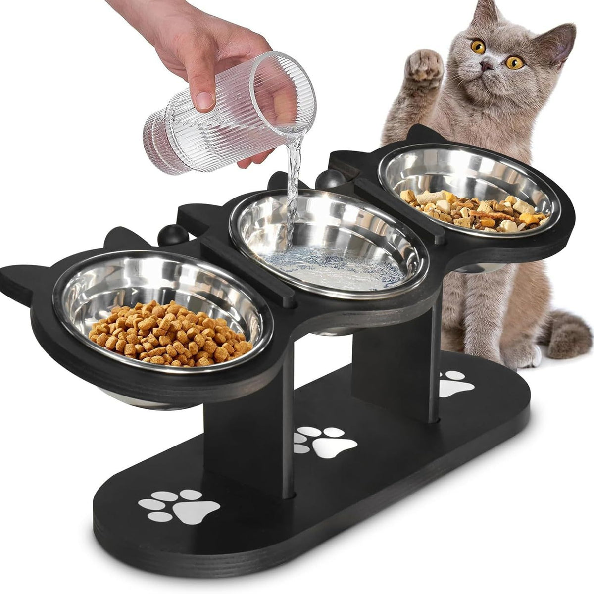 Wooden raised dog feeder with three bowls, photo from another angle