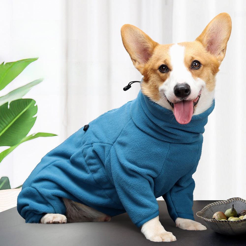 Adjustable high neck fleece coat for large dogs in Navy Blue, in a home setting