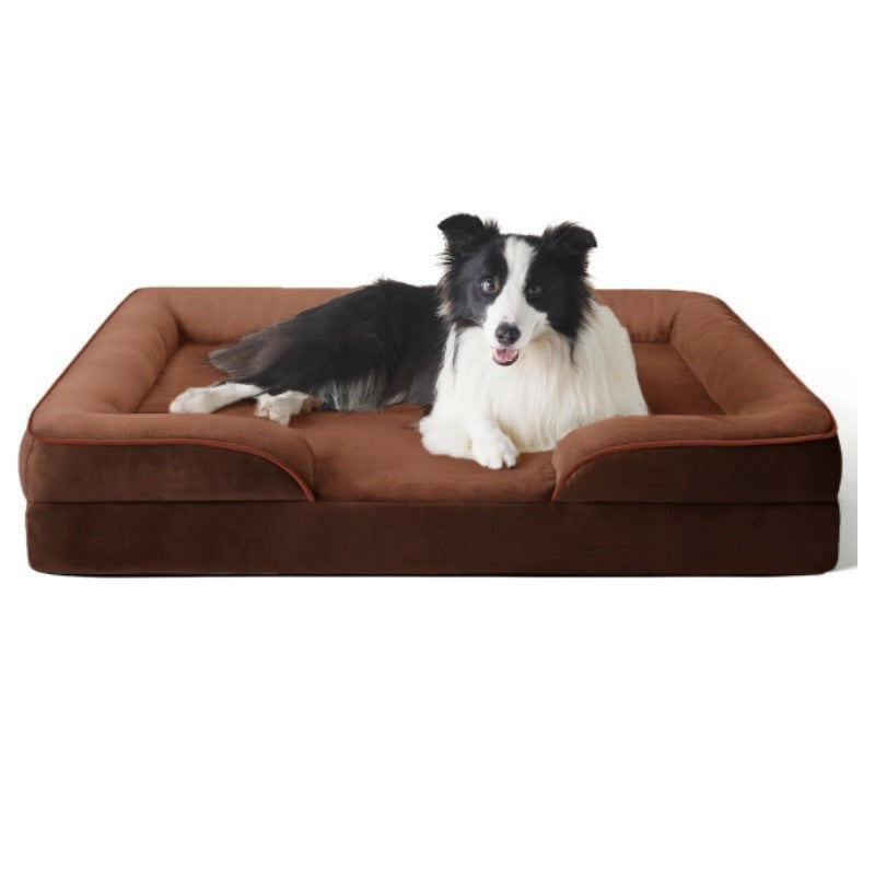 Blue cushioned dog bed measuring 76 by 51cm