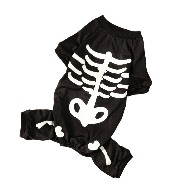 Dog wearing a glow in the dark skeleton costume