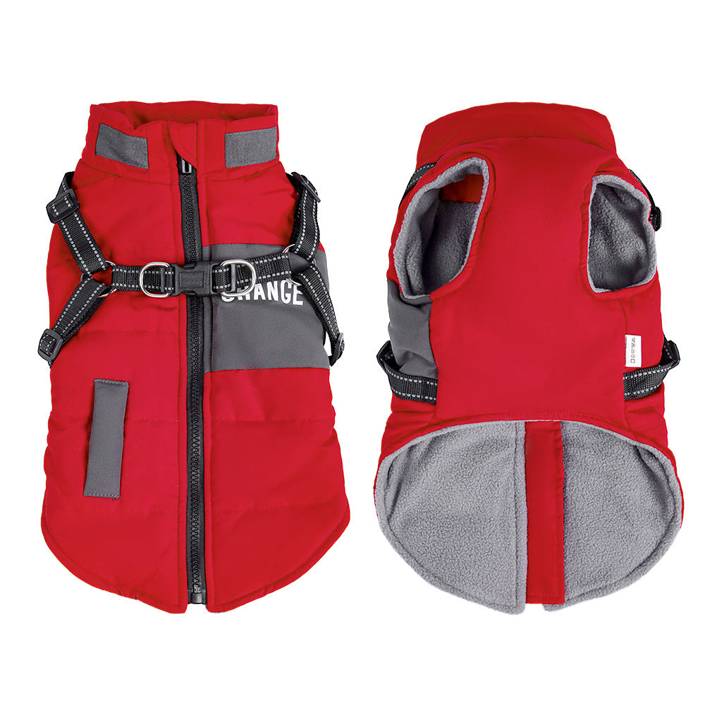 Stand collar padded dog winter coat in Bright Red, top view