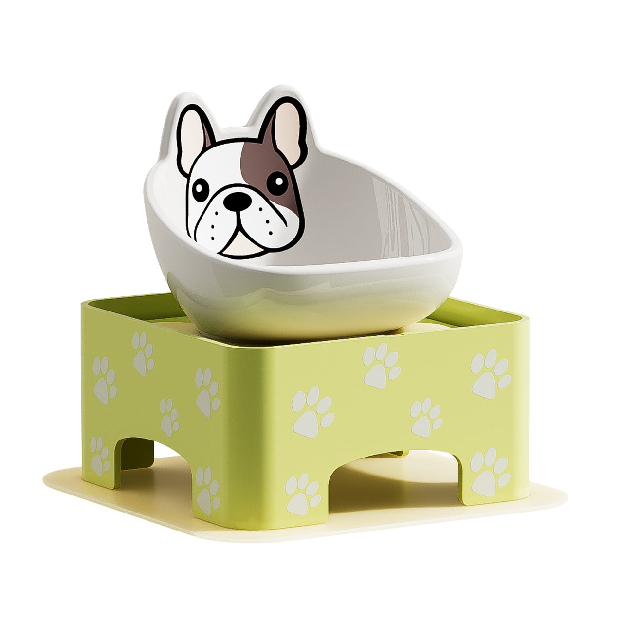 Adjustable Height and Tilt Ceramic Pet Bowl with Anti-Spill Rim and Paw Print Design