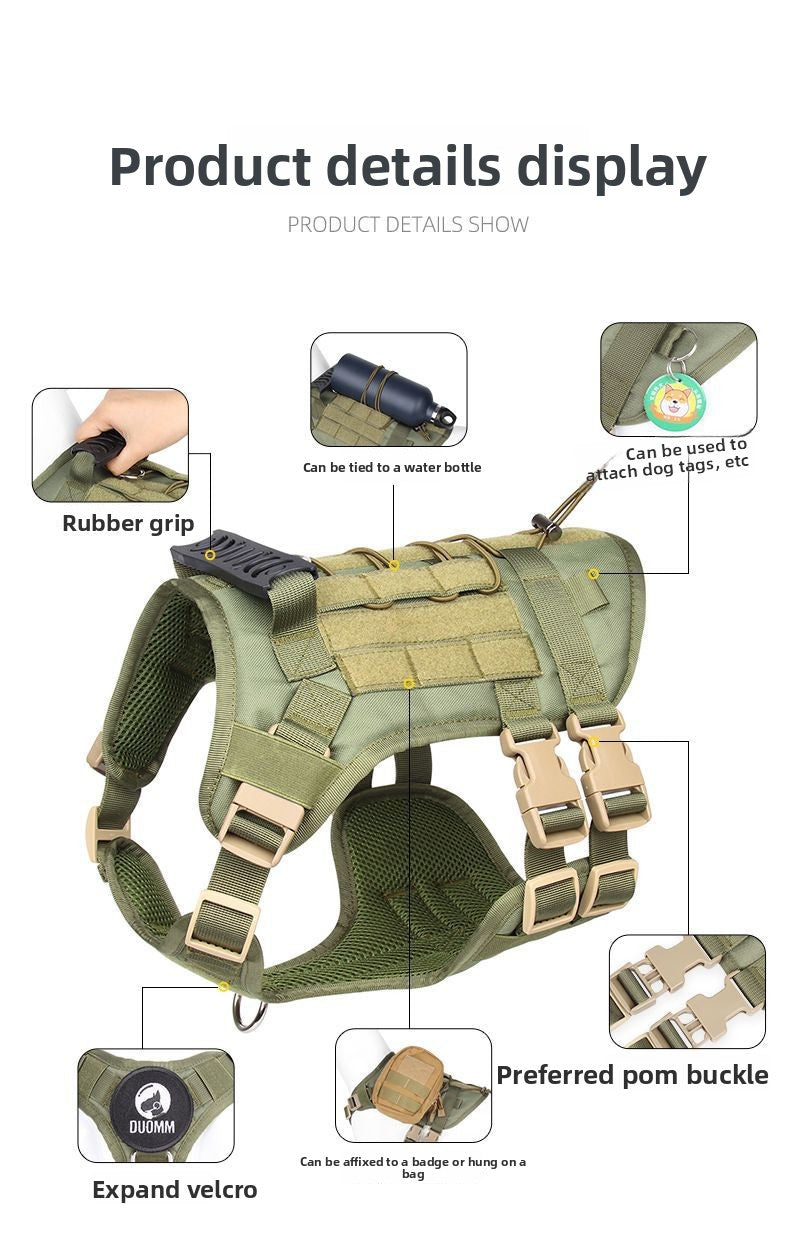 Black tactical harness for medium and large dogs with buckles