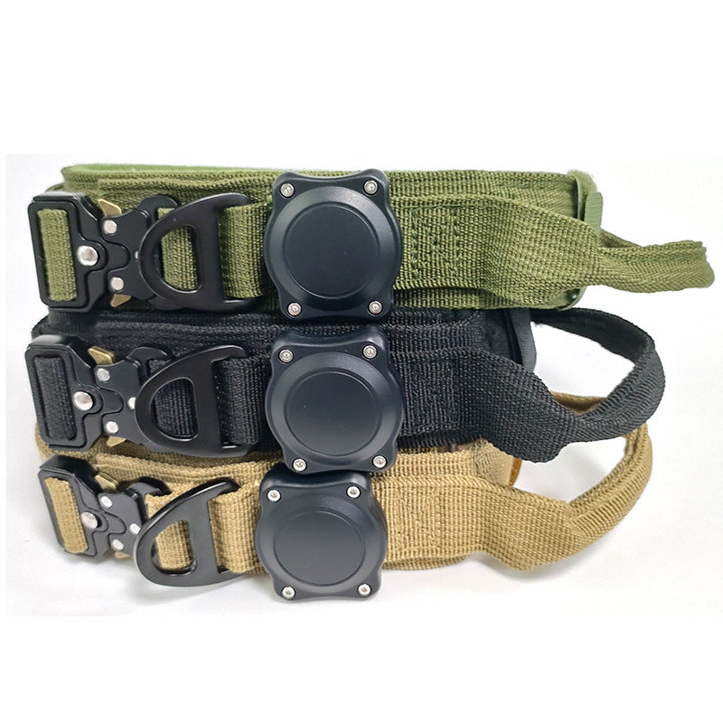 Wide tactical nylon dog collar for large dogs in Black, in a home setting